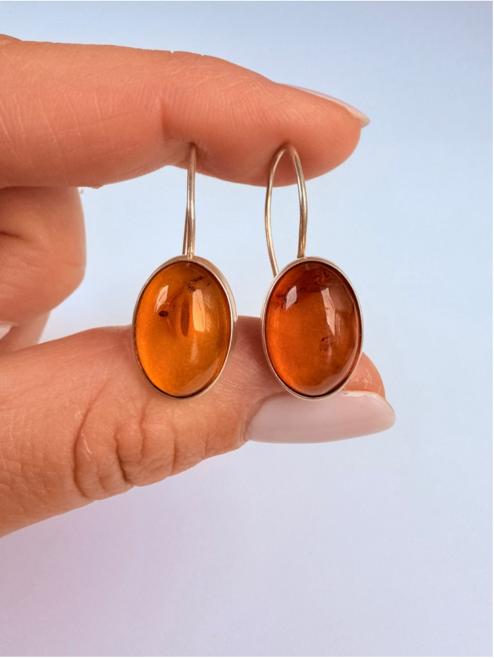 Natural Baltic Honey Amber Eastern European Sterling Silver Oval Dangle Earrings